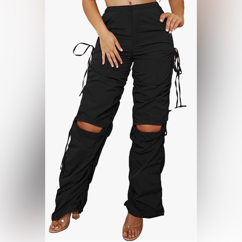 Black knee cut out drawstring straight leg cargo pants